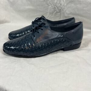 Trotters Lizzie Herringbone woven leather Classic Oxford Shoes navy blue NWOB